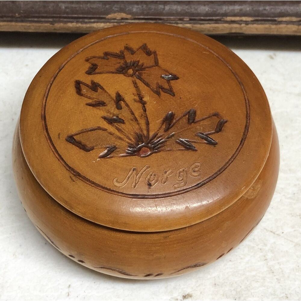 Vintage Hand Carved Norge Wooden Trinket Box Norway Norwegian